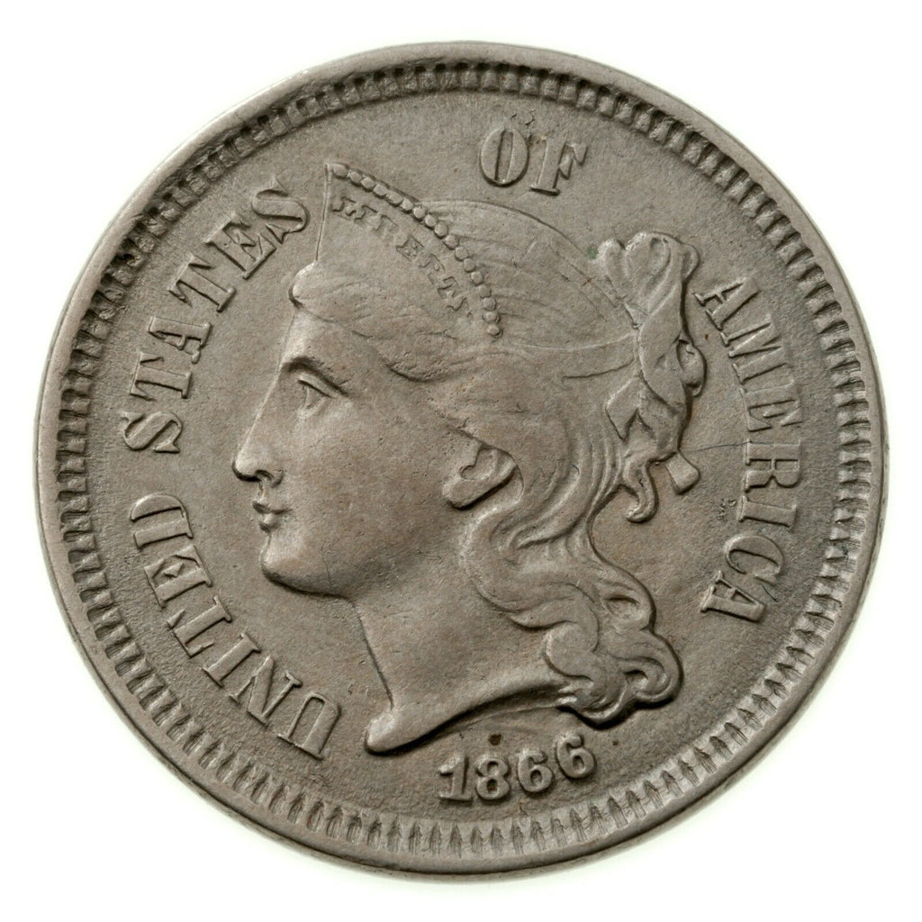 1866 3 Cent Nickel 3CN in Extra Fine XF Condition, Natural Color, Strong Detail