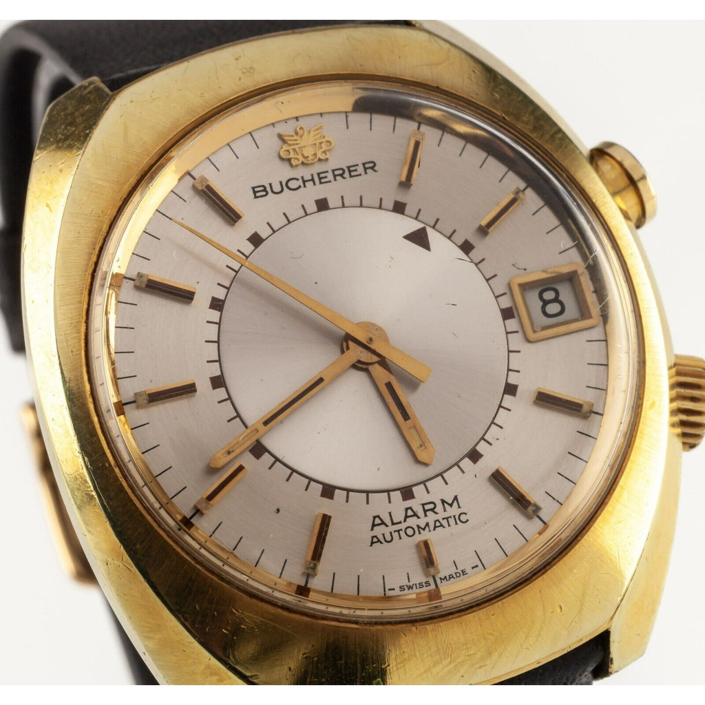 Bucherer Gold-Plated Alarm Watch Automatic "Memomatic" w/ Leather Band 2980 Date