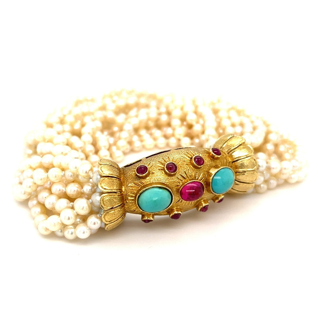 18K Yellow Gold Multi-Strand Pearl Bracelet w/ Turquoise and Pink Stone Accents, Size 8.