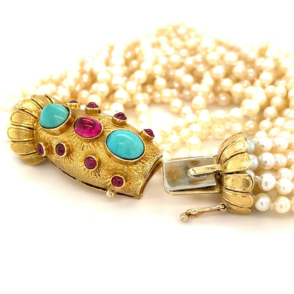 18K Yellow Gold Multi-Strand Pearl Bracelet w/ Turquoise and Pink Stone Accents, Size 8.