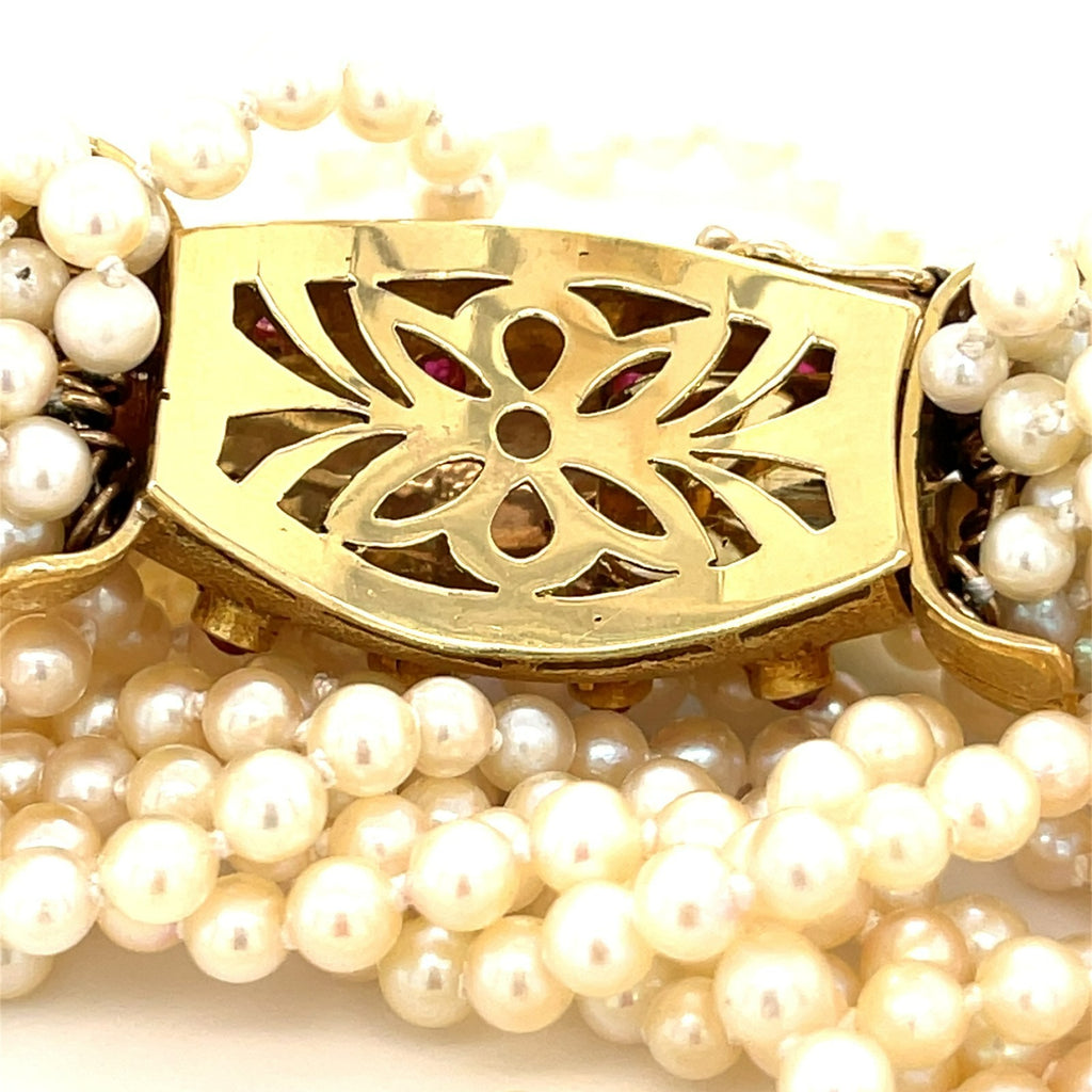 18K Yellow Gold Multi-Strand Pearl Bracelet w/ Turquoise and Pink Stone Accents, Size 8.
