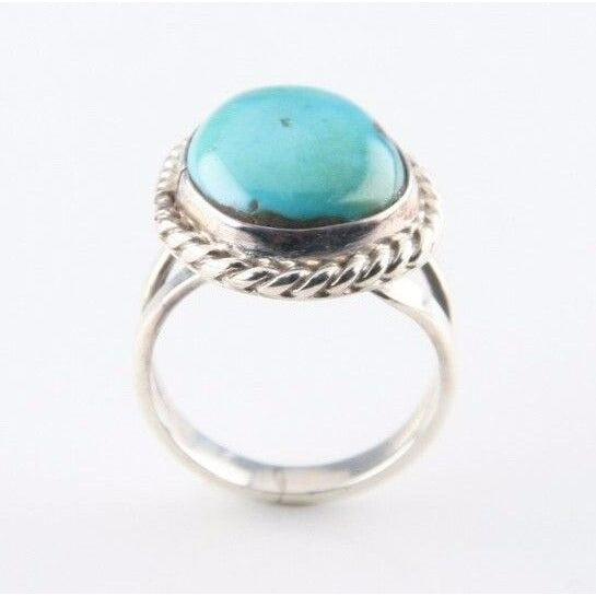Vintage Women's Silver Ring with Blue-Green Turquoise Cabochon (Size 4-1/2)