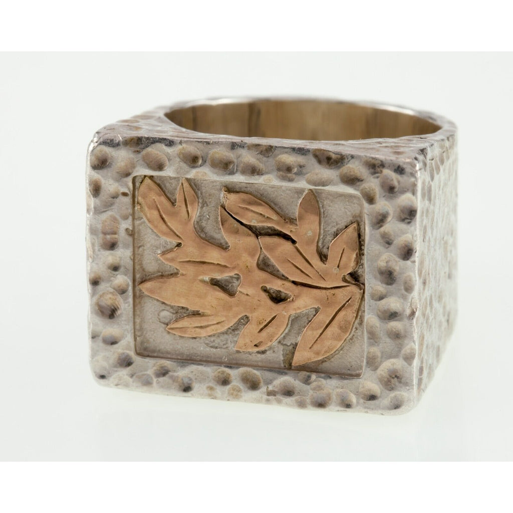 Texture Sterling Silver Band with a Gold Tone Leaf Design Ring Size 10