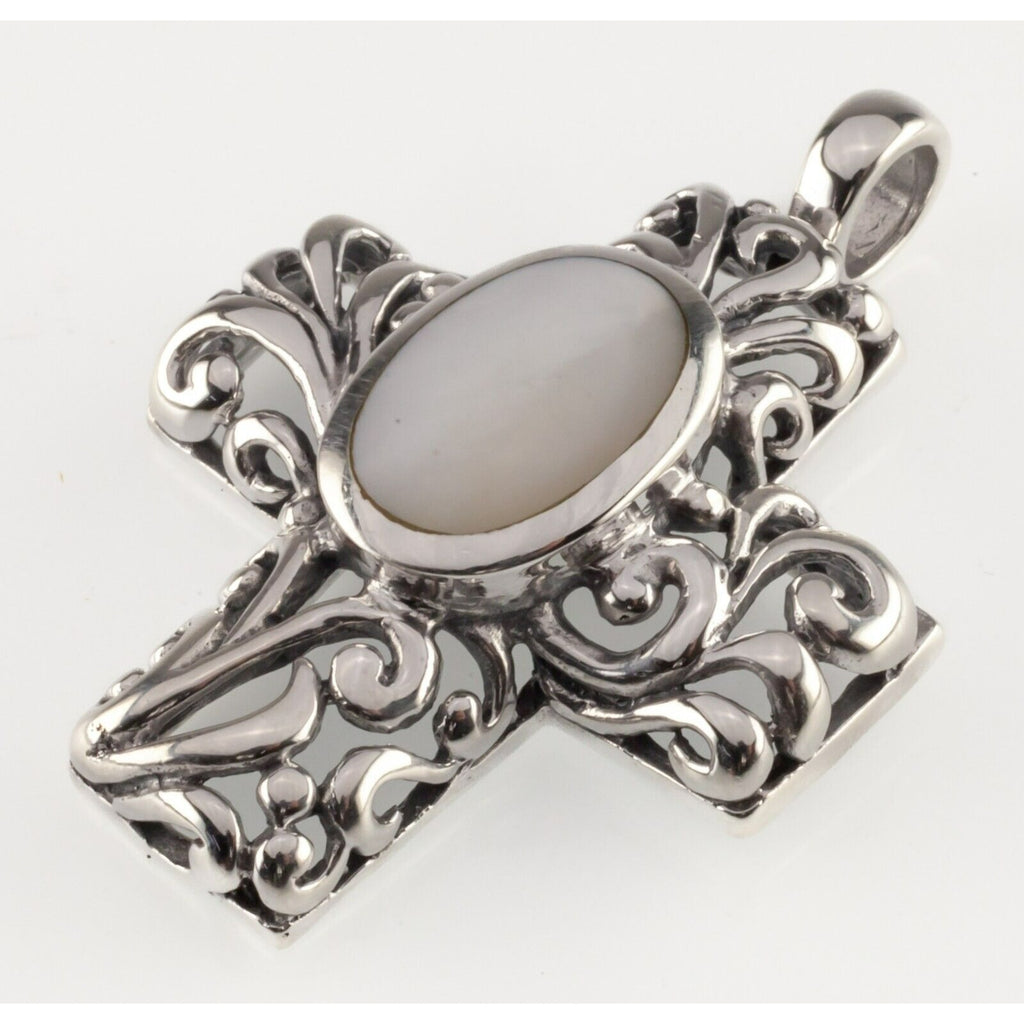 Sterling Silver Filigree Cross Pendant with Bezel Set Mother of Pearl Cabochon