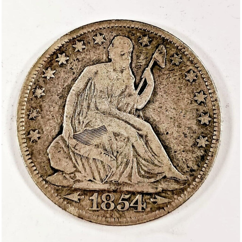 1854 50C Seated Liberty Half Dollar in Very Good VG Condition, Light Gray Color