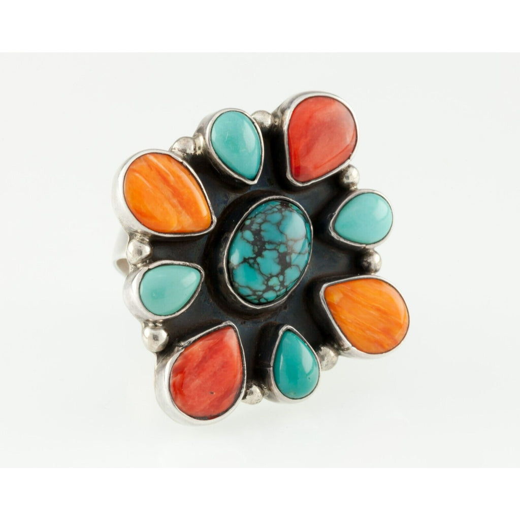 Handmade Turquoise & Orange Spiny Oyster Cluster Sterling Ring Signed!