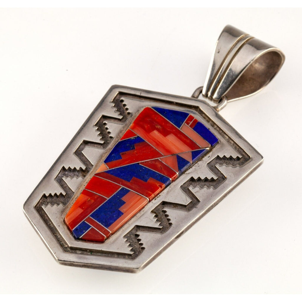 Navajo Double sided Sterling Lapis, Opal and Coral Mosaic Inlay pendant 93mm