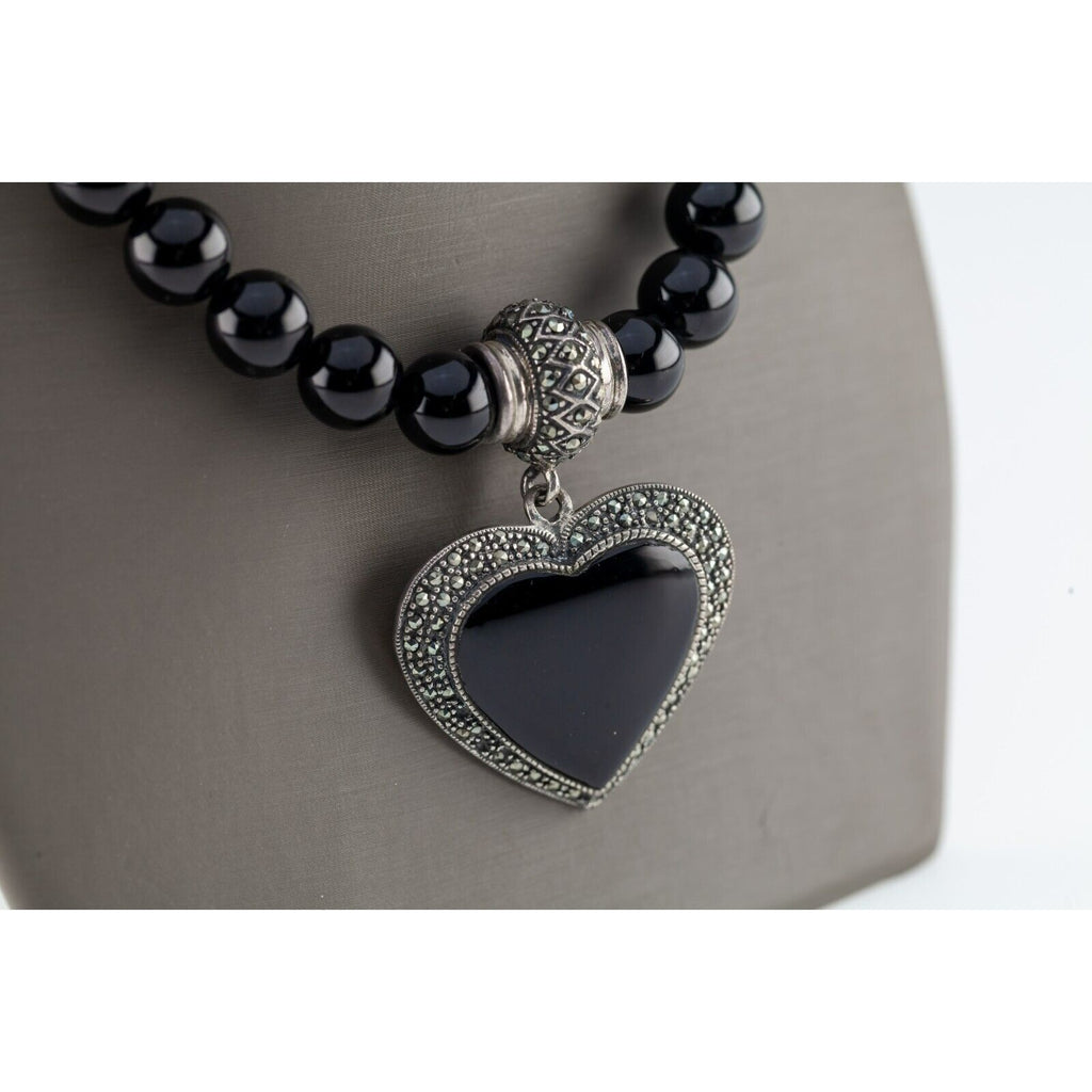 Sterling Silver Onyx Bead Marcasite Heart Pendant 21"