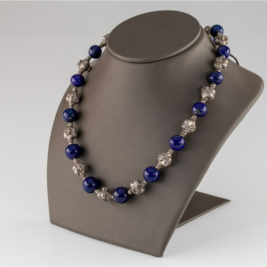 Ornate Sterling Silver Bead and Lapis Lazuli Bead Necklace 17.5"