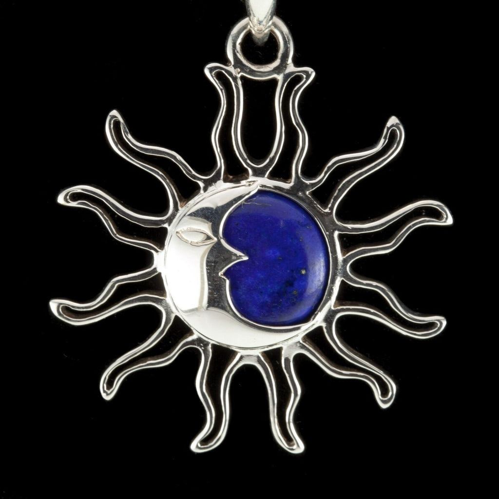 Amazing Lapis Lazuli Sun & Moon Sterling Silver Pendant 54 mm Long