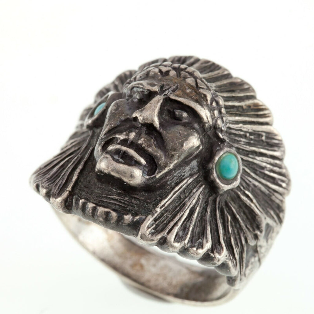Vintage Native American Chief Sterling Silver Ring w/ Turquoise Accents SZ 11