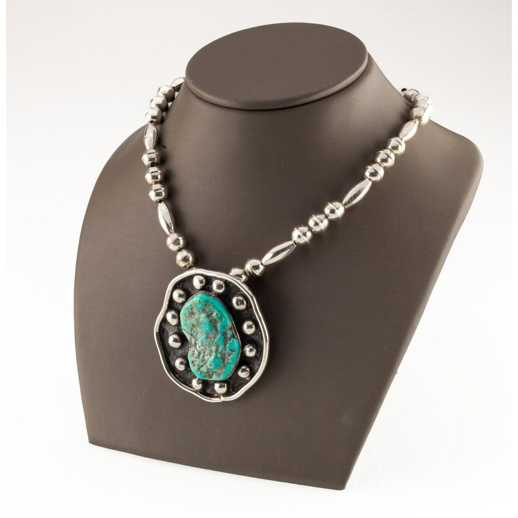 Sterling Silver Tumbled Turquoise Handmade Pendant w/ Silver Bead Chain