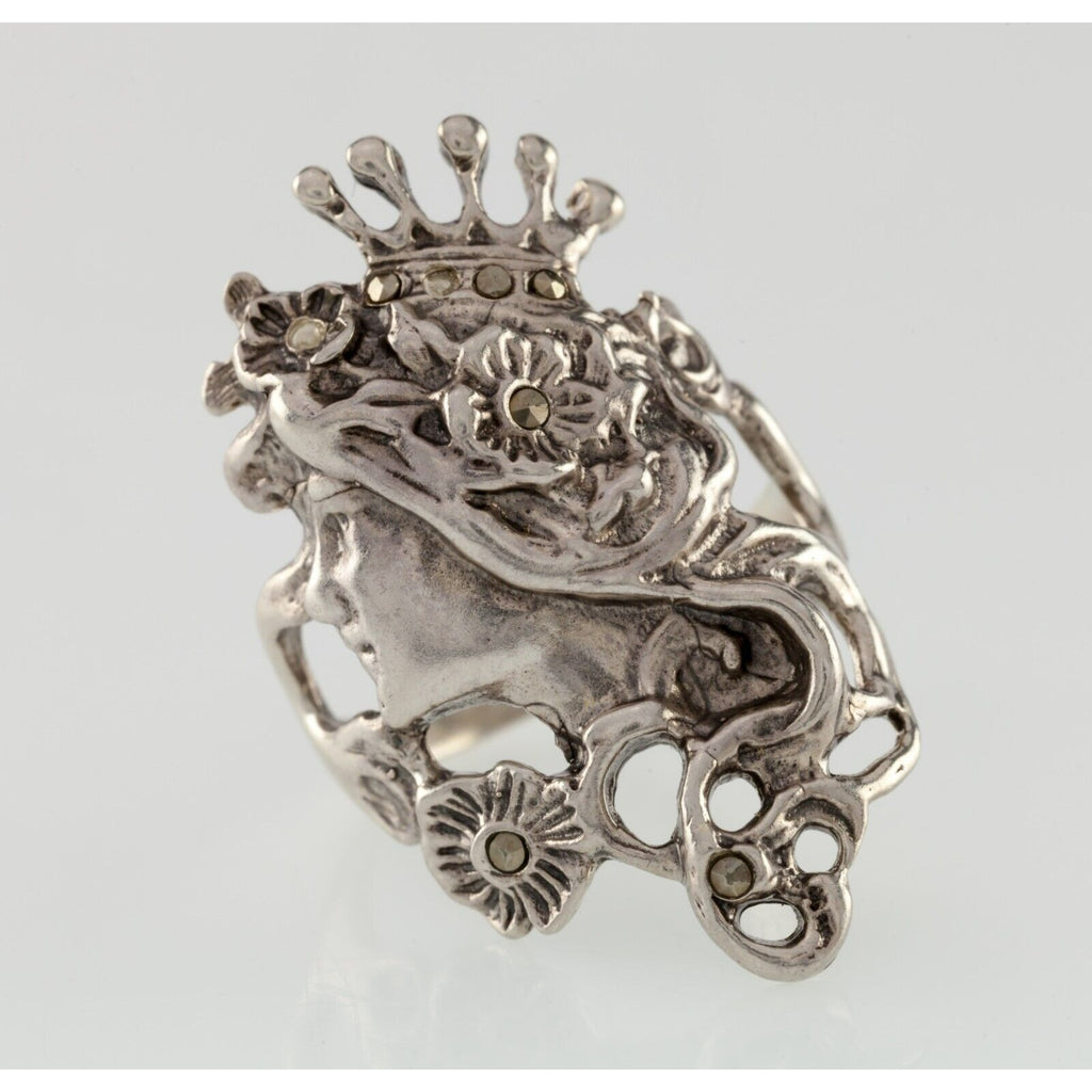 Vintage Art Nouveau Princess w/Accenting Marcasite Sterling Silver Ring Size 5
