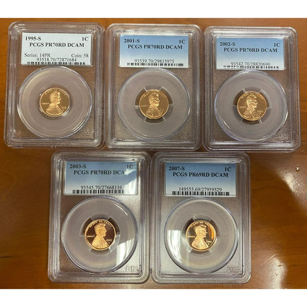 Lot of 5 Lincoln Memorial Cent Proof Pennies PR69 and 70 DCAM 1995-2007