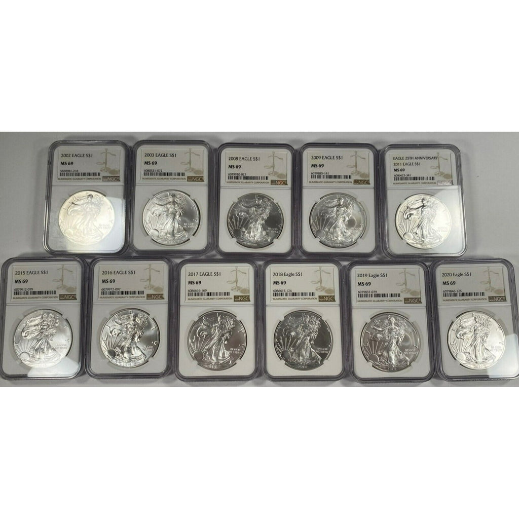 Lot of 11 Silver American Eagles Graded by NGC as MS-69 (See details)