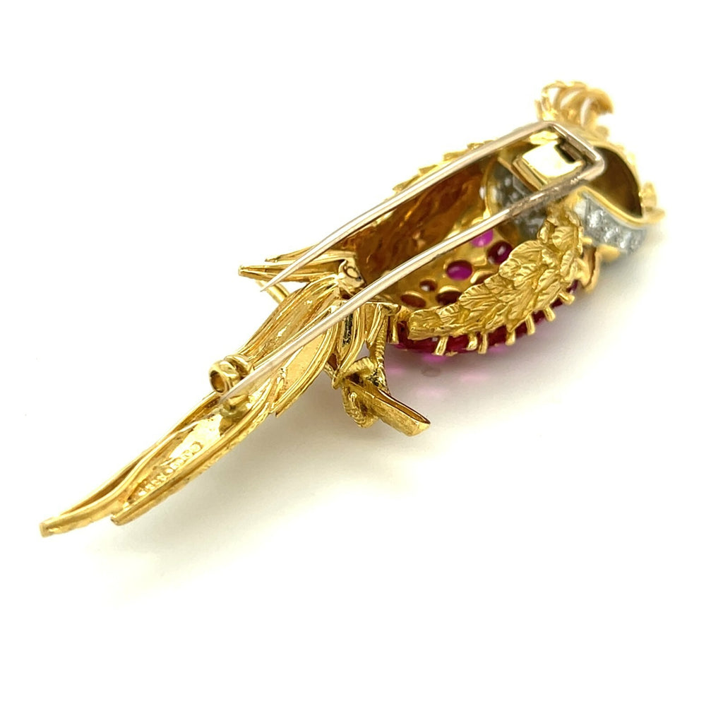 18k Yellow Gold Cockatoo Brooch Vintage Sannit, Stein, & Stein 5.25 ct Ruby, Dia