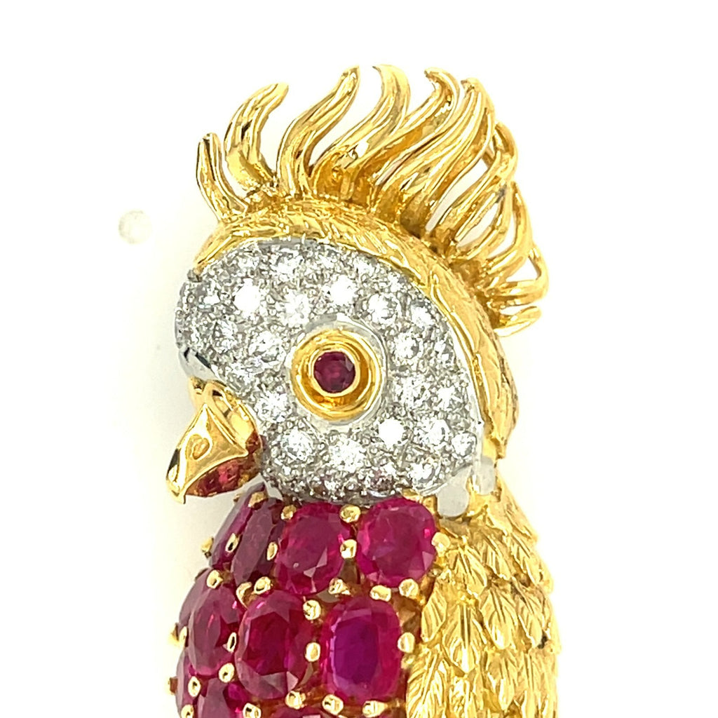 18k Yellow Gold Cockatoo Brooch Vintage Sannit, Stein, & Stein 5.25 ct Ruby, Dia