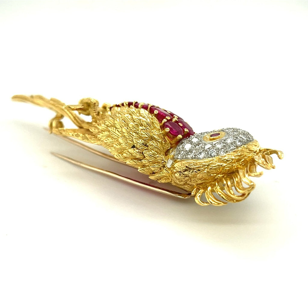 18k Yellow Gold Cockatoo Brooch Vintage Sannit, Stein, & Stein 5.25 ct Ruby, Dia