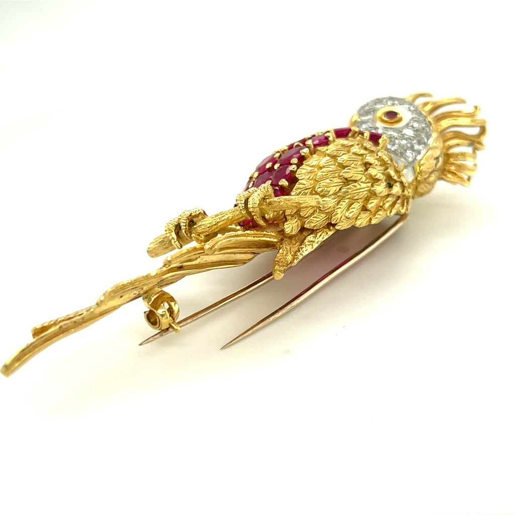 18k Yellow Gold Cockatoo Brooch Vintage Sannit, Stein, & Stein 5.25 ct Ruby, Dia