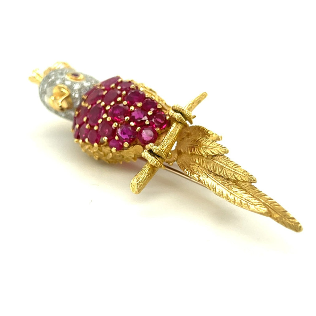 18k Yellow Gold Cockatoo Brooch Vintage Sannit, Stein, & Stein 5.25 ct Ruby, Dia