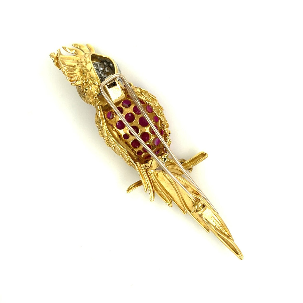 18k Yellow Gold Cockatoo Brooch Vintage Sannit, Stein, & Stein 5.25 ct Ruby, Dia