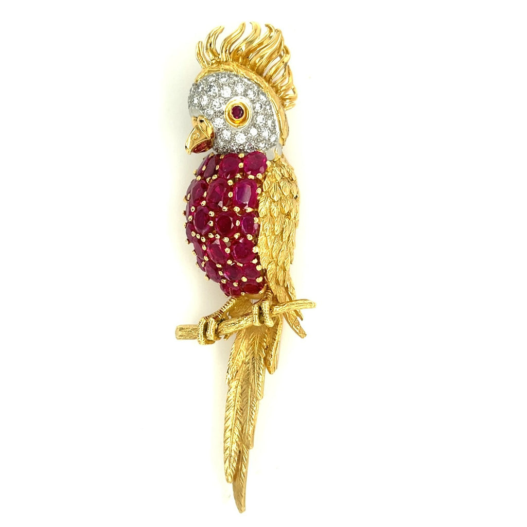18k Yellow Gold Cockatoo Brooch Vintage Sannit, Stein, & Stein 5.25 ct Ruby, Dia
