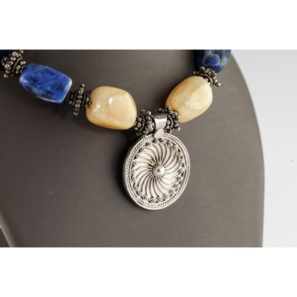 Gorgeous Tumbled Yellow and Blue Agate Sterling Silver Toggle Pendant Necklace