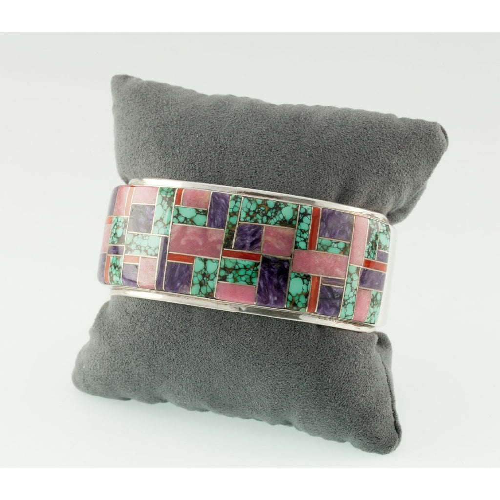 Navajo L. Silversmith Sterling Inlay Cuff Bracelet w/ Turquoise, Coral, Charoite