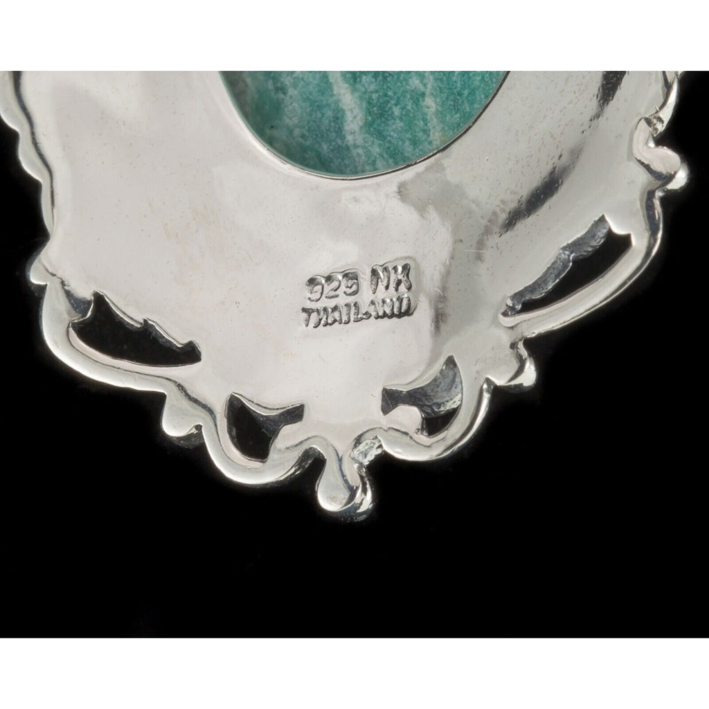 Oval Green Amazonite Sterling Silver Pendant Set on a Floral Frame