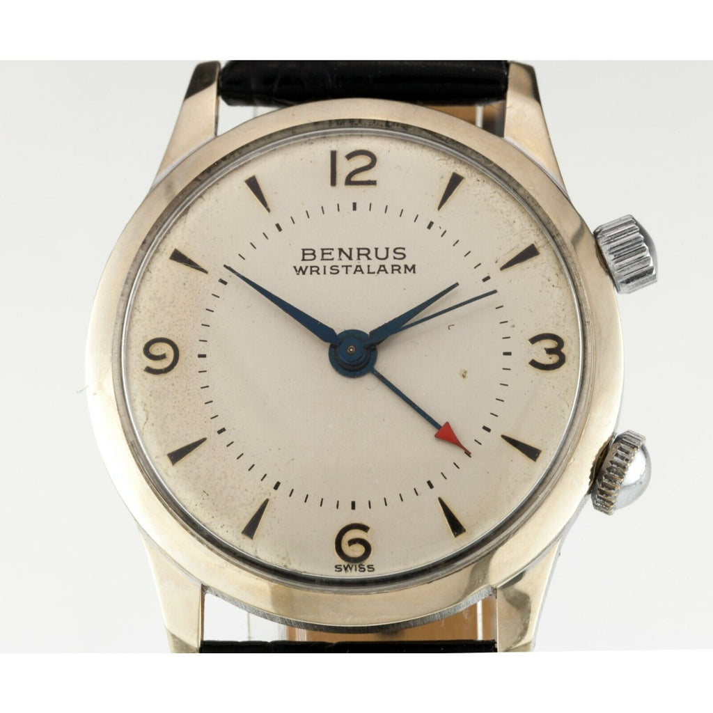 Benrus Men's Stainless Steel Wrist Alarm Mechanical Watch w/ Leather Band