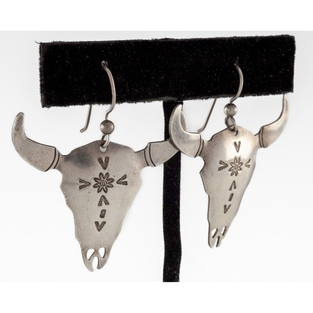 ELWOOD M. REYNOLDS Native American Steer Skull Earrings in Sterling