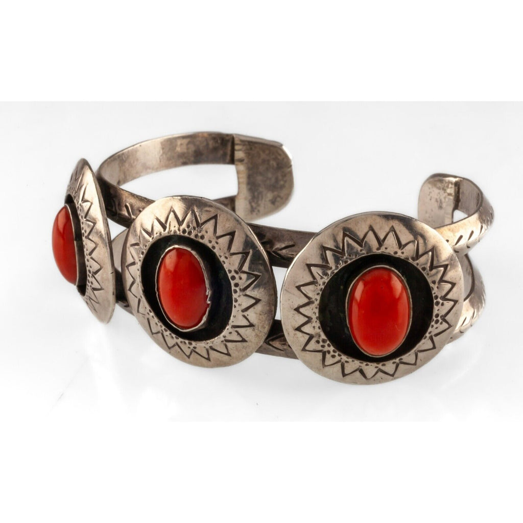 Navajo Sterling Silver Coral Shadowbox Necklace & Cuff Bracelet Set 85g
