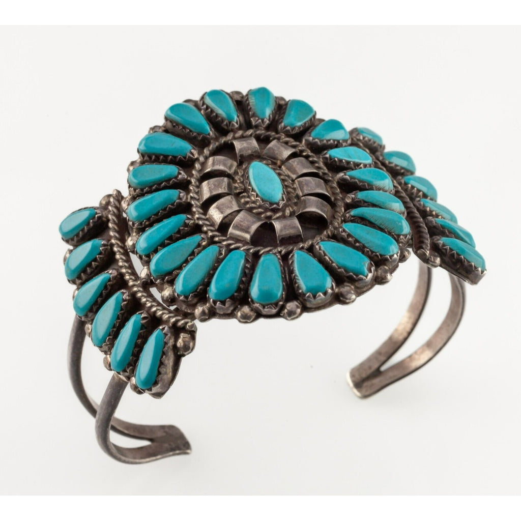 Zuni Turquoise Needlepoint Cuff Bracelet Signed JHN in Sterling 45 mm Wide