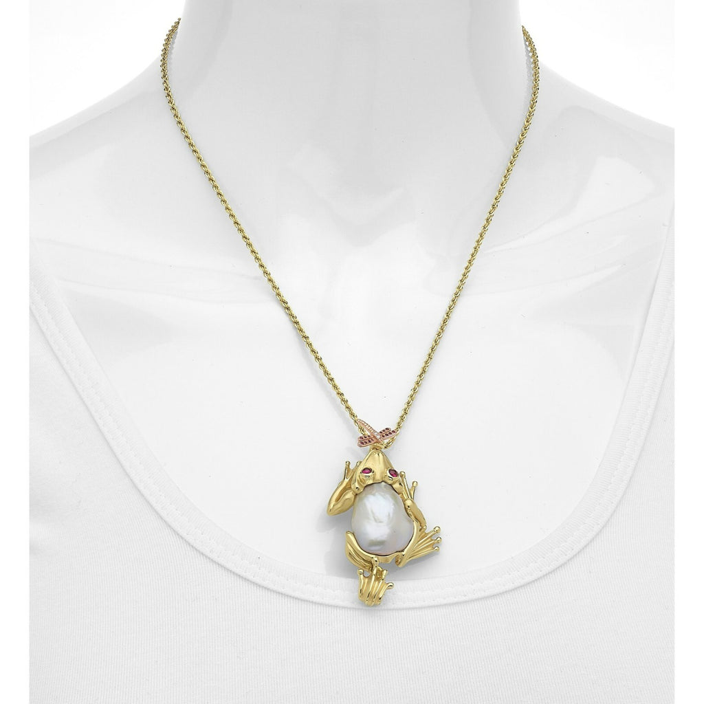 18k Yellow Gold Freshwater Cultured Pearl Frog Pendant by Avi Raz 14k 18" Chain