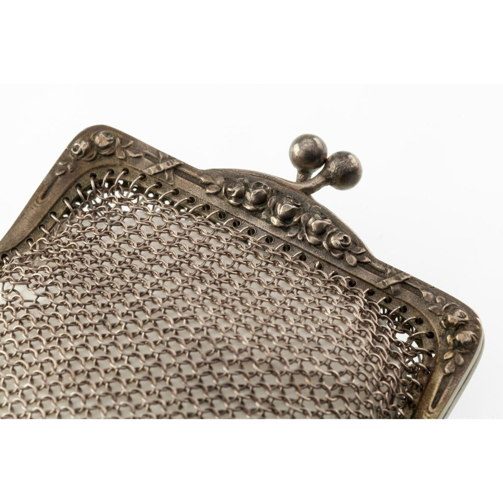 Antique Silver Mesh Change Purse With Rose Pattern