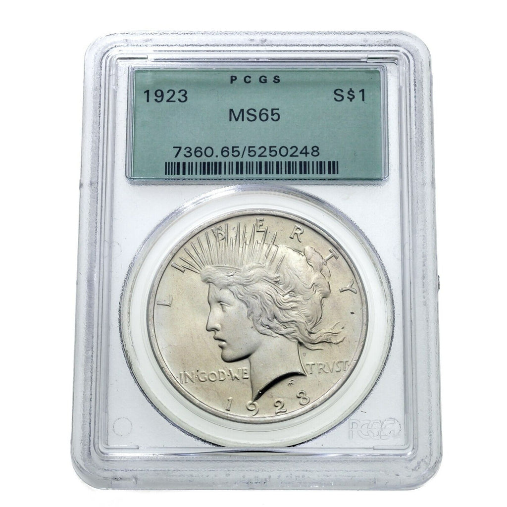 1923 $1 Silver Peace Dollar Graded by PCGS as MS-65 Green Label