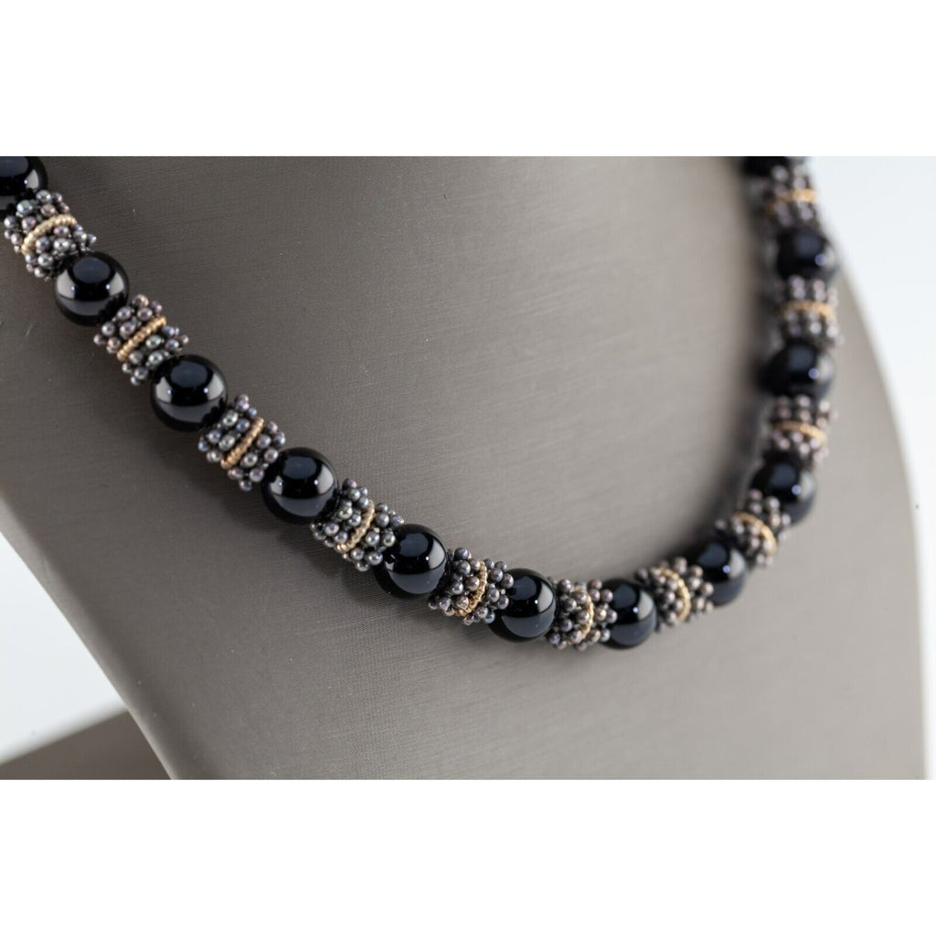 Sterling Silver Fancy Bead and Onyx Bead Strand Necklace with Toggle Clasp 19"