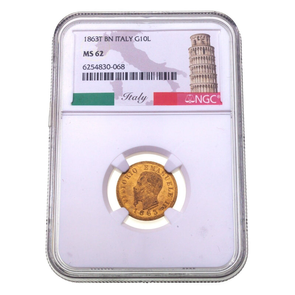 1863T BN Italy Gold 10 Lire Coin Graded by NGC as MS-62 Gorgeous!