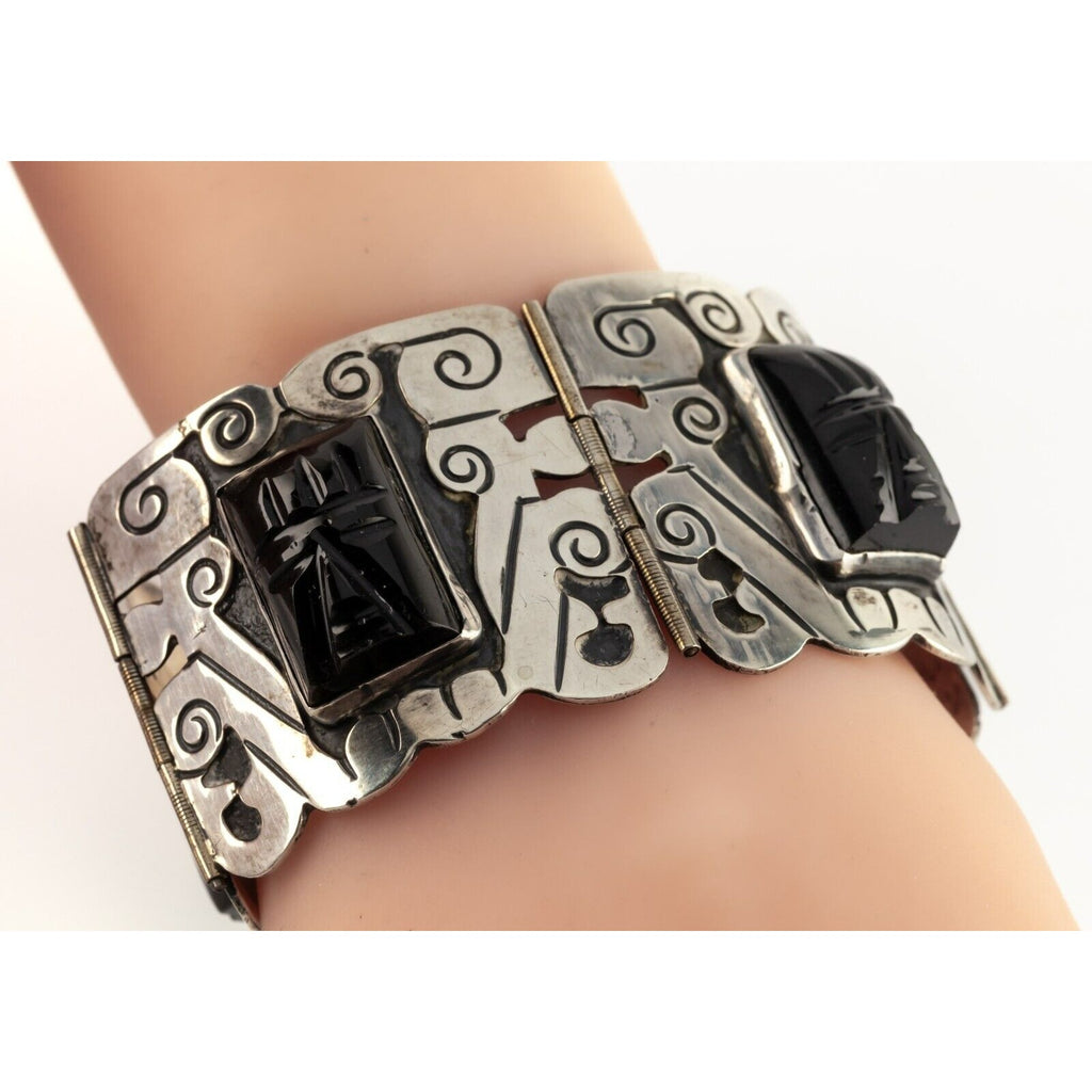 Mid Century Plateria FARFAN Sterling Silver Onyx Wide Panel Bracelet 7.25"