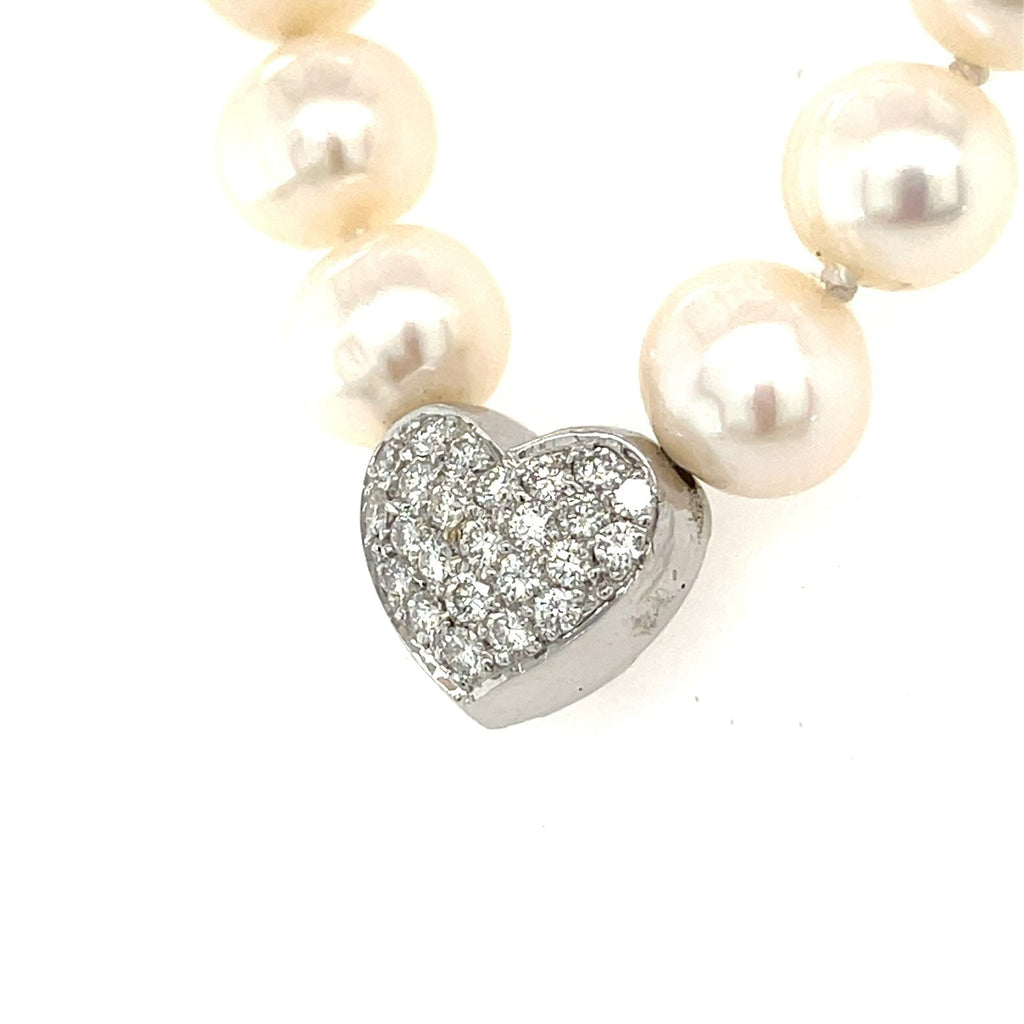 Cultured Pearl Strand Necklace w/ 14k White Gold Heart Pendant & 1ct Diamonds, Length 17"