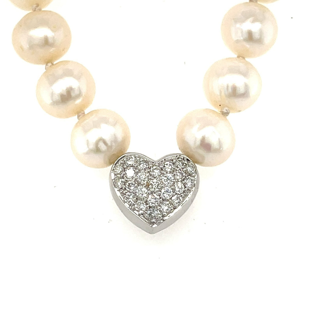 Cultured Pearl Strand Necklace w/ 14k White Gold Heart Pendant & 1ct Diamonds, Length 17"