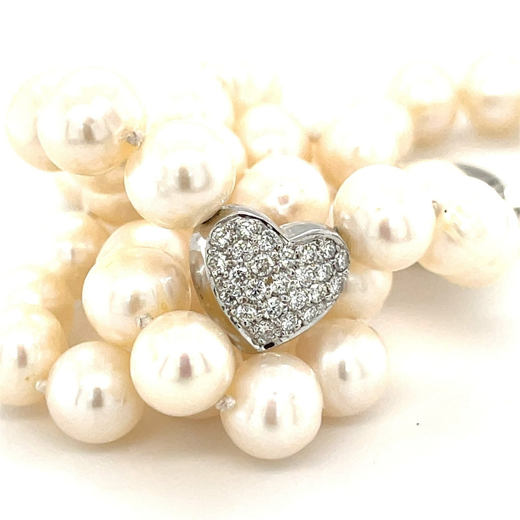 Cultured Pearl Strand Necklace w/ 14k White Gold Heart Pendant & 1ct Diamonds, Length 17"