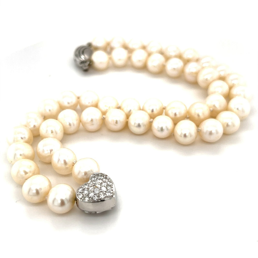 Cultured Pearl Strand Necklace w/ 14k White Gold Heart Pendant & 1ct Diamonds, Length 17"