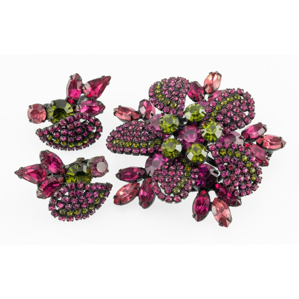 Vendome Pink and Green Rhinestone Jewelry Set in Black Metal Brooch and Earrings