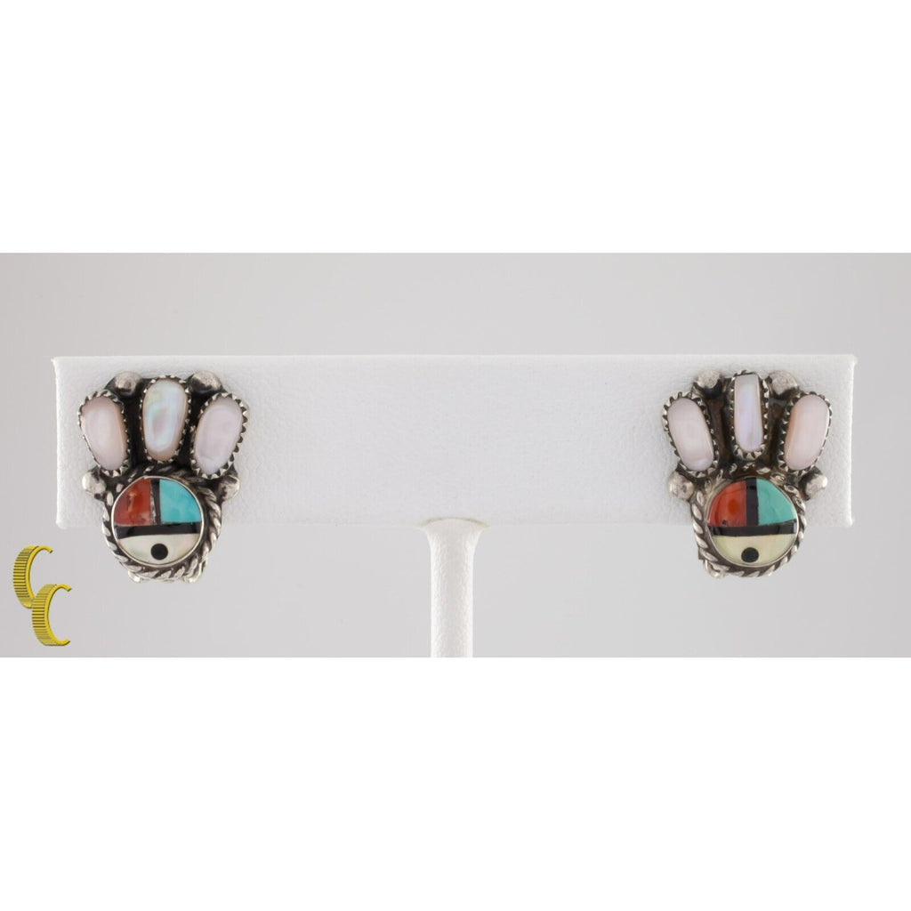 Sterling Silver Lapidary Inlay Bear Paw Clip-On Earrings Zuni