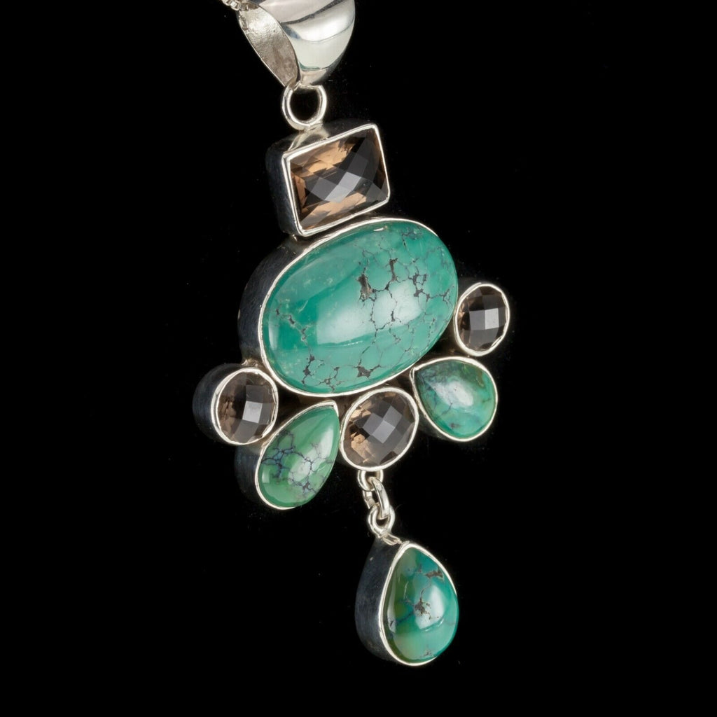 Amazing Turquoise & Smoky Topaz Sterling Silver Pendant 90 mm Long