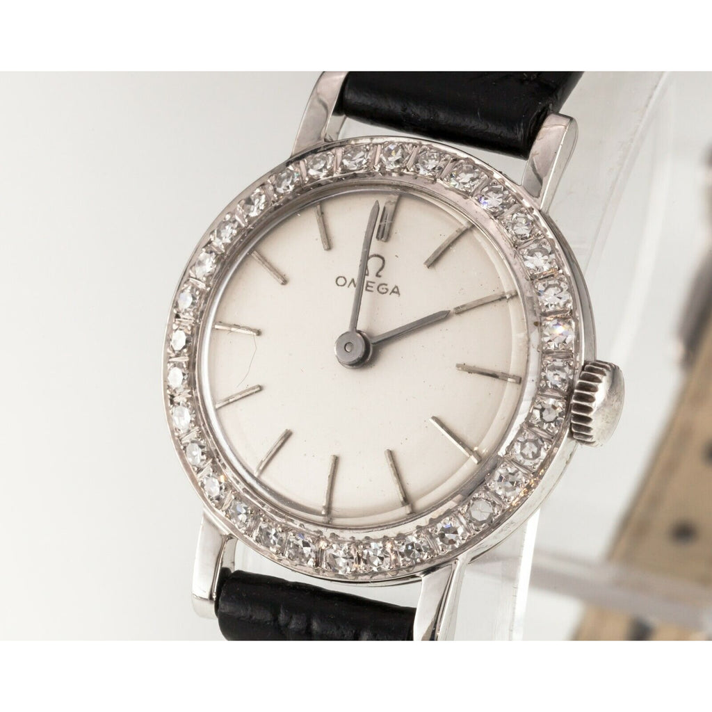 Omega 18k White Gold Women's Manual Wind Watch with Diamond Bezel #484