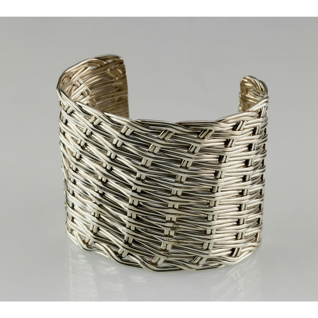 Handmade Wide Basket Weave Double Wire Sterling Silver Cuff Bracelet 112.6g