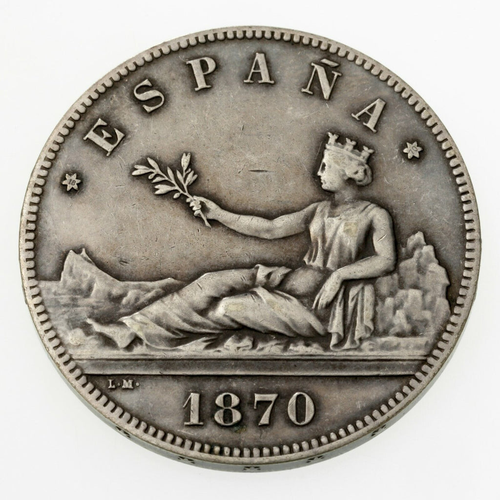 1870 Spain 5 Pesetas Silver Coin In Very Fine, KM 655