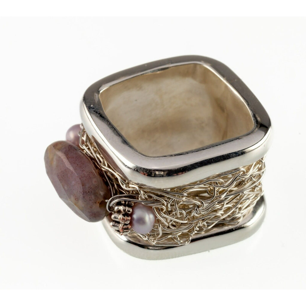 Clement Vintage Sterling Silver Wire Agate Square Ring Size 9